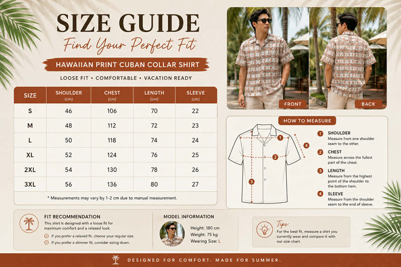 Size guide chart for Hawaiian print Cuban collar shirt with model measurements and fitting instructions.
