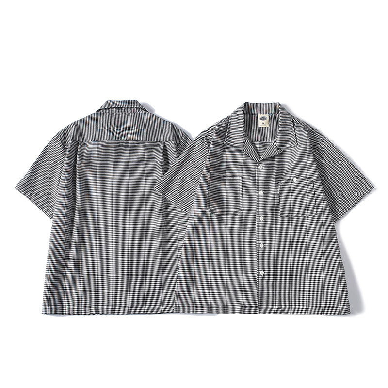 Front and back view of men’s houndstooth casual summer shirt
