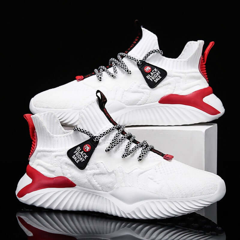 Men’s Lightweight Breathable Sneakers in white and red, featuring knit upper and stylish design for everyday comfort.
