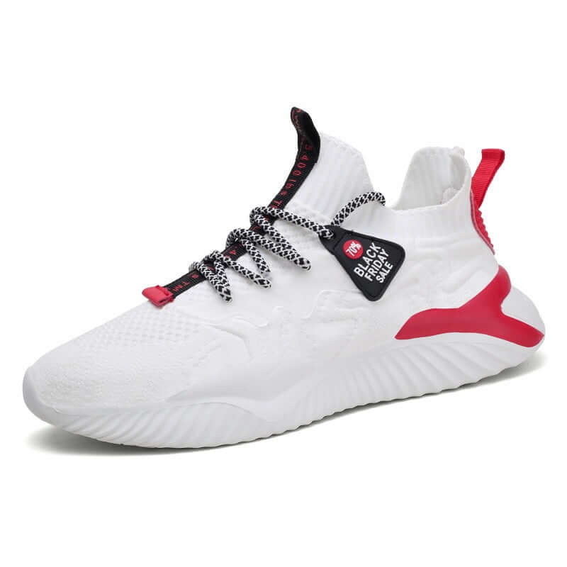 Men’s Lightweight Breathable Sneakers in white and red design with textured upper and contrasting laces.