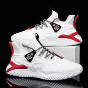 Men’s Lightweight Breathable Sneakers in white and red design on display.