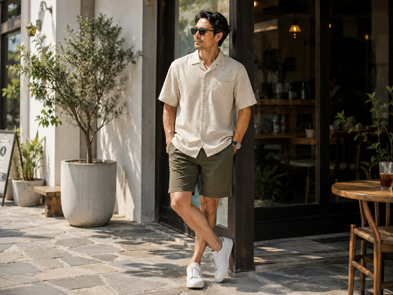 Man wearing a bretahble loose fit short sleeve shirt outside a cafe, perfect for casual summer styling