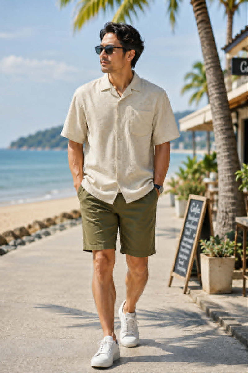 Man wearing a loose fit off natural beige short sleeve summer shirt walking along a beachside path