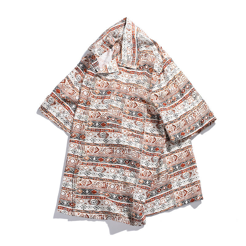 Side angle view of men’s loose fit Hawaiian print summer shirt
