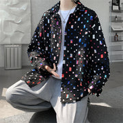 Oversized plaid shirt for men in black with colorful designs, perfect for a relaxed streetwear style.