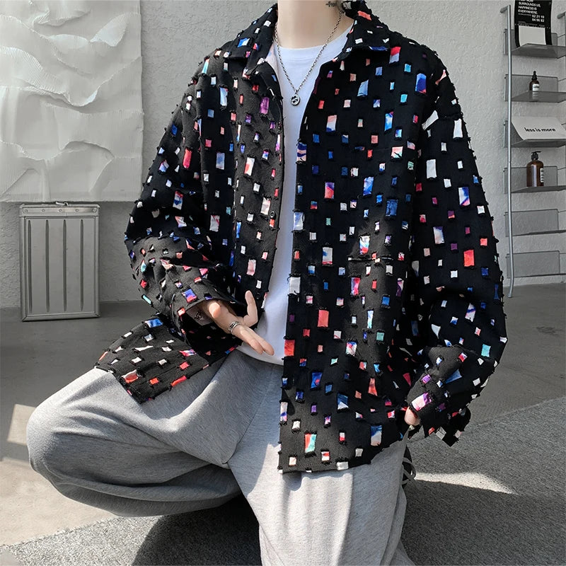 Oversized plaid shirt for men in black with colorful designs, perfect for a relaxed streetwear style.