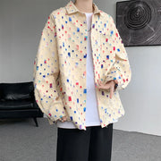 Oversized plaid shirt for men with a unique design, featuring colorful squares on a light background, perfect for modern streetwear style.