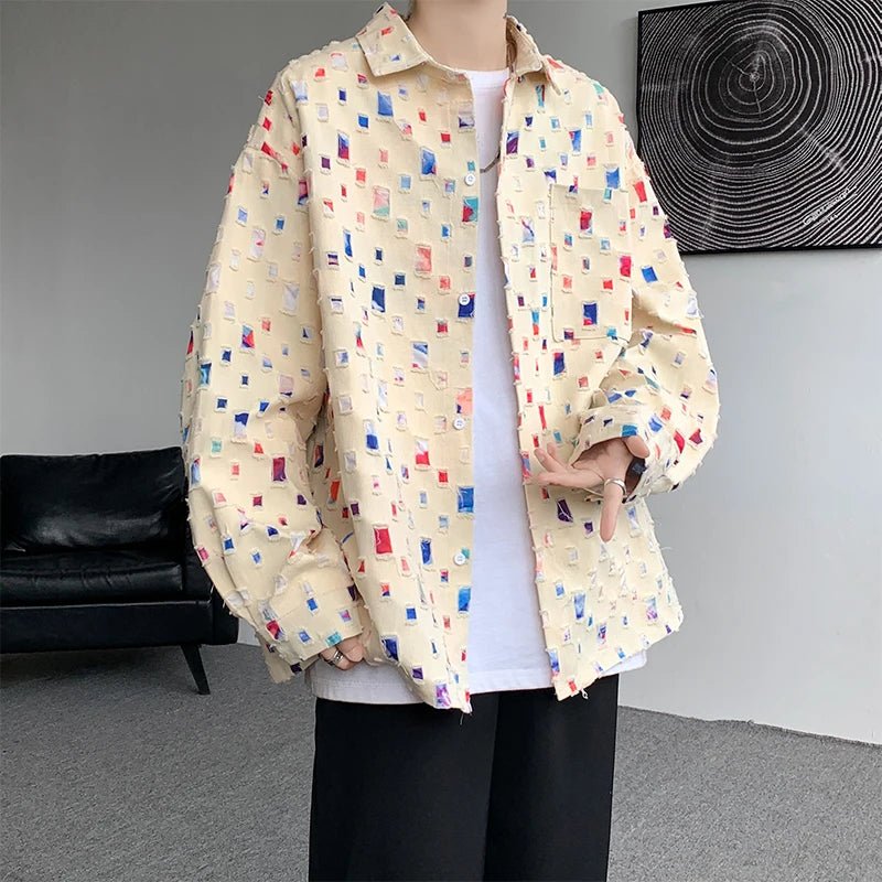 Oversized plaid shirt for men with a unique design, featuring colorful squares on a light background, perfect for modern streetwear style.