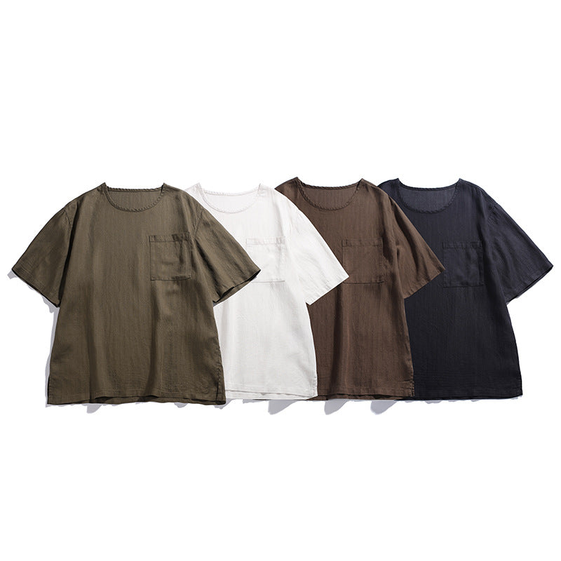Men’s loose fit pocket t-shirt available in off-white brown army green and navy blue
