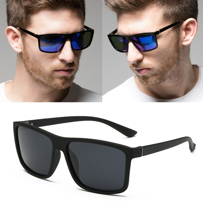 Man wearing men’s polarized square sunglasses with UV400 protection
