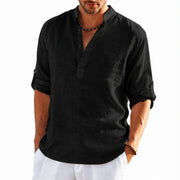 Men’s black stand collar casual linen blend shirt with long sleeves and loose fit
