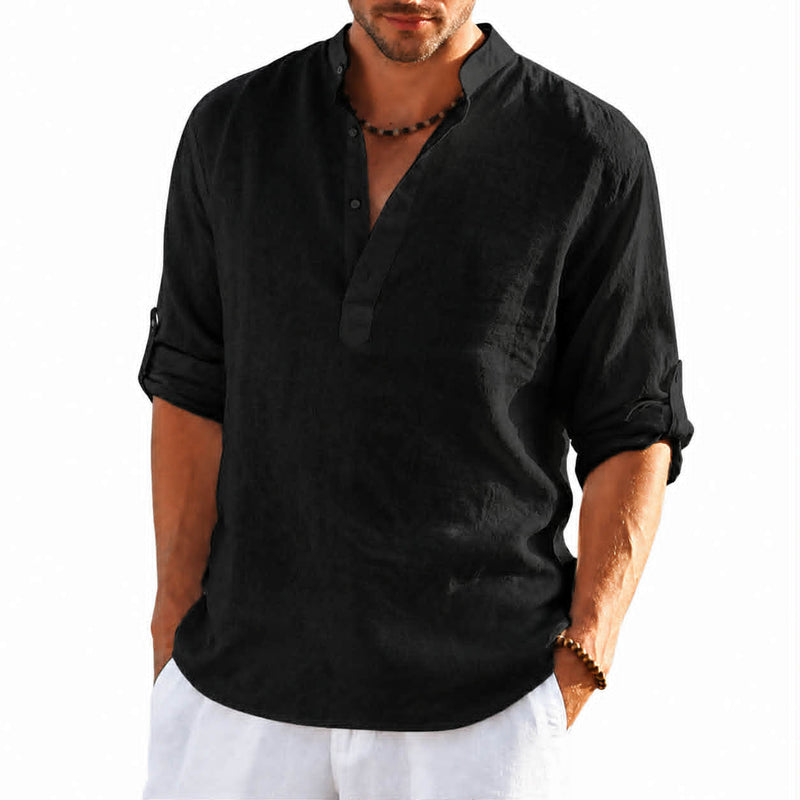Men’s black stand collar casual linen blend shirt with long sleeves and loose fit
