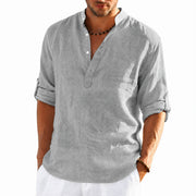 Men’s gray loose fit stand collar shirt made from breathable linen blend fabric
