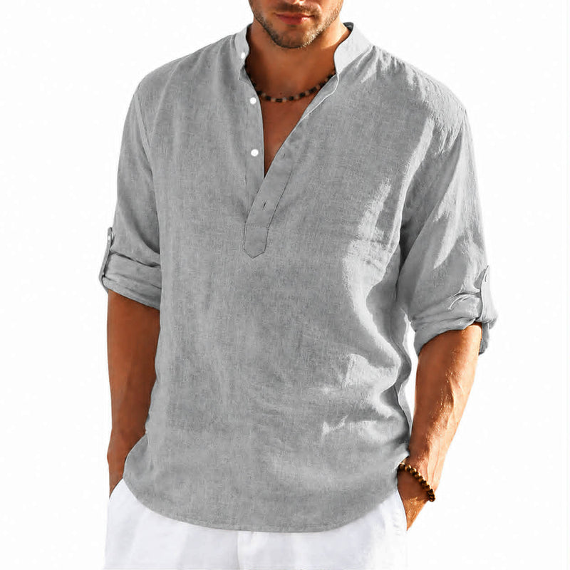 Men’s gray loose fit stand collar shirt made from breathable linen blend fabric
