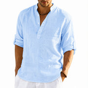 Men’s light blue linen blend stand collar shirt for casual and summer wear
