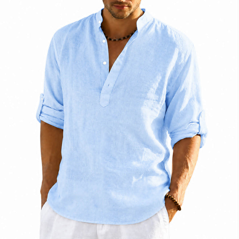 Men’s light blue linen blend stand collar shirt for casual and summer wear
