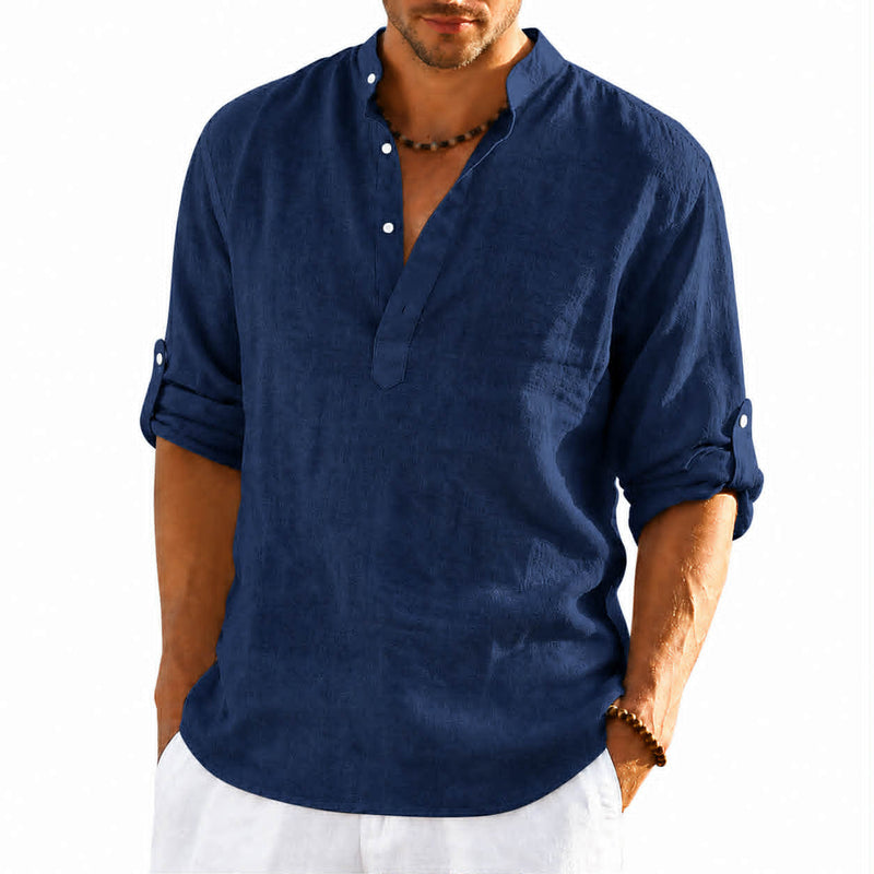 Men’s navy blue stand collar long sleeve casual shirt with relaxed fit
