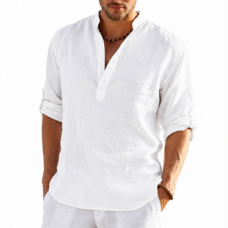 Men’s premium stand collar linen blend shirt in white with relaxed fit and rolled sleeves
