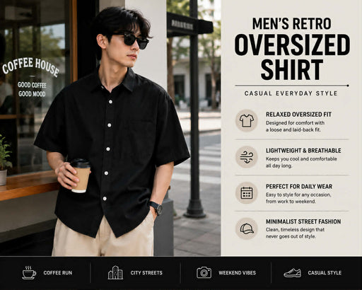 Men's retro oversized black button-up shirt casual everyday style lightweight breathable loose fit shirt for men
