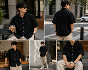 Man wearing black retro oversized button-up shirt in casual streetwear and everyday lifestyle settings

