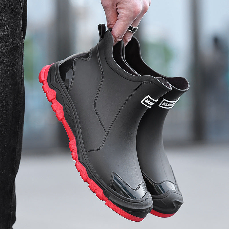 Men’s short-cuff black rain boots with red sole, waterproof wear-resistant rain boots
