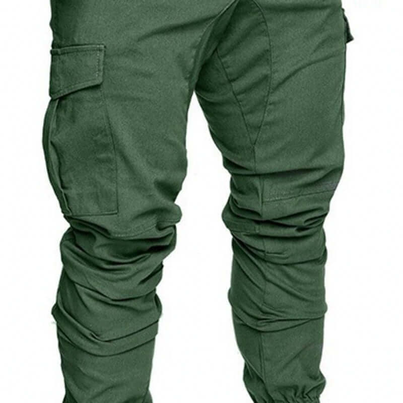 slim fir cargo joggers for men in green color featuring multiple pockets and a fitted design.