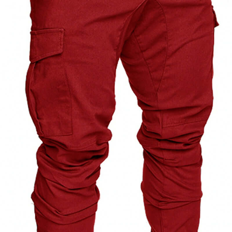 slim fir cargo joggers for men in red color showcasing stylish pockets and a modern fit.