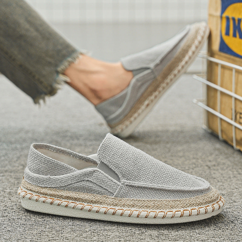 Men wearing grey slip-on loafers with breathable canvas for casual daily comfort