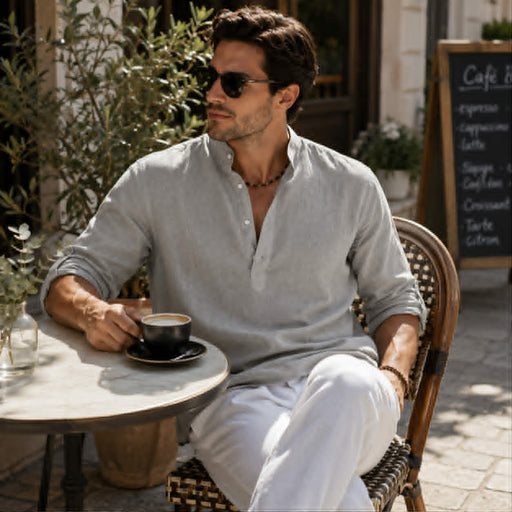 Man wearing a gray stand collar linen blend shirt sitting at an outdoor café with a cup of coffee
