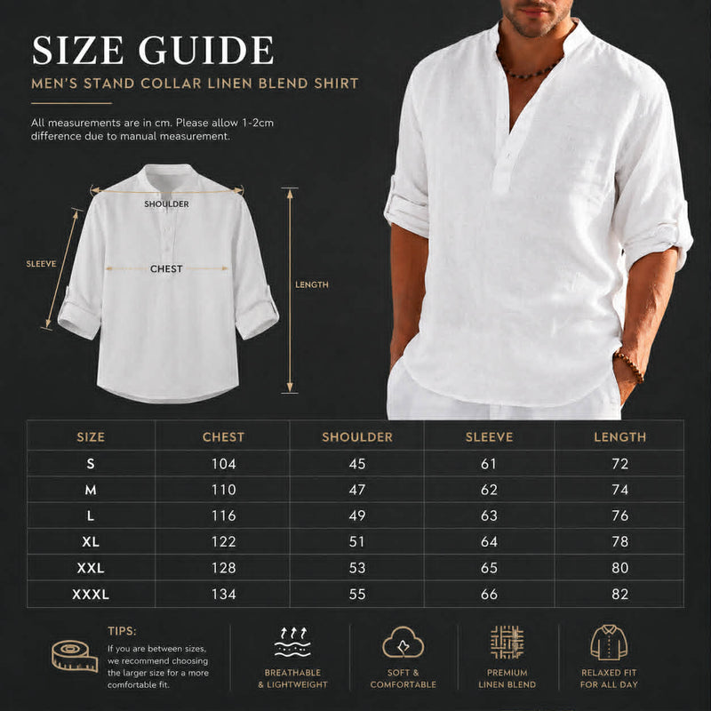 Size guide for men's stand collar linen blend shirt showing chest shoulder sleeve and length measurements
