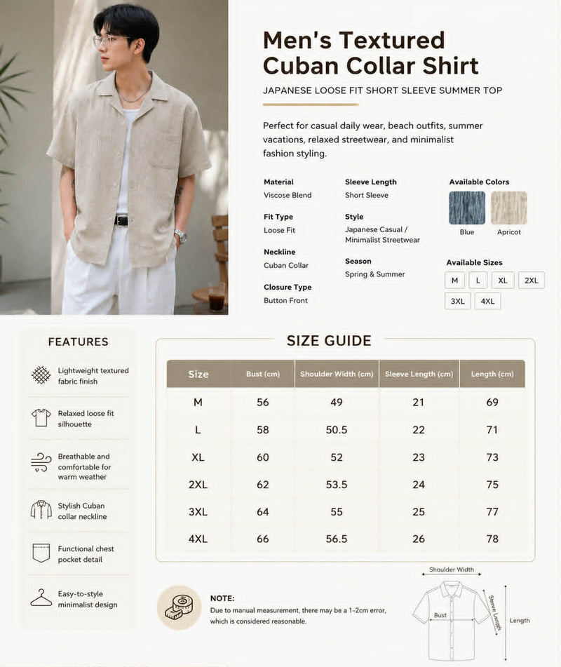 Size guide and product features for men's textured Cuban collar short sleeve summer shirt available in blue and apricot.
