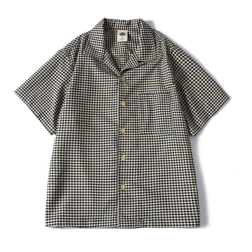 Men's loose fit houndstooth Cuban collar short sleeve shirt front view