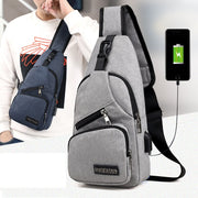 Men’s anti-theft travel crossbody bag with USB charging port shown in blue and gray colors
