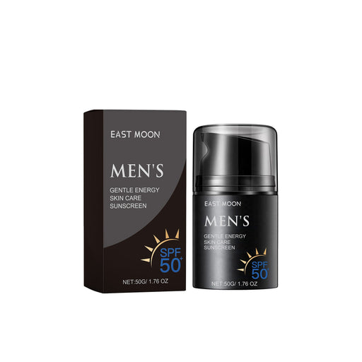 Men’s UV defense sunscreen SPF 50 in black bottle with box packaging