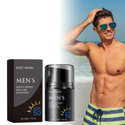 Men’s SPF 50 sunscreen shown with man enjoying sun protection at the beach