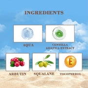 Ingredients of men’s sunscreen including aqua, centella asiatica extract, arbutin, squalane and tocopherol