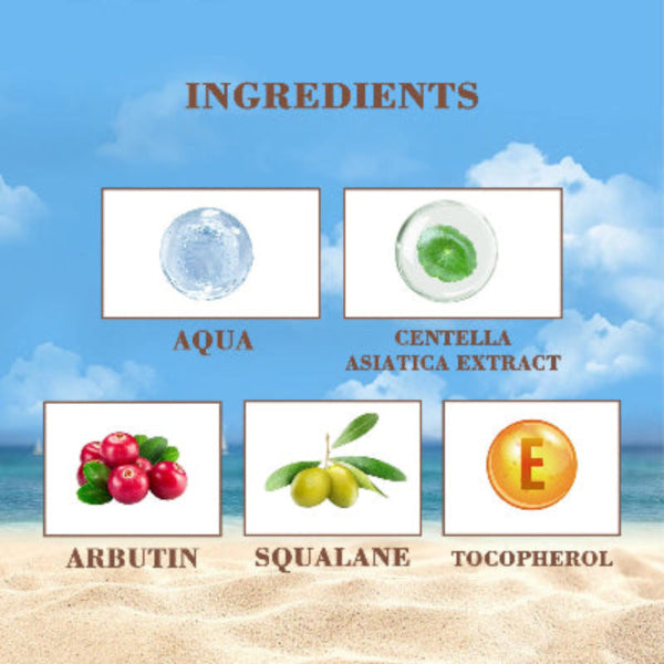 Ingredients of men’s sunscreen including aqua, centella asiatica extract, arbutin, squalane and tocopherol
