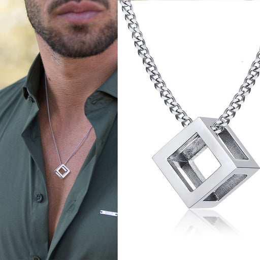 Minimalist stainless steel cube necklace worn bu man modern geometric pendant style
