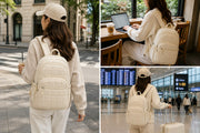 Off white quilted backpack featured in travel, work, and everyday lifestyle settings, ideal for commuting, studying, and casual outings.
