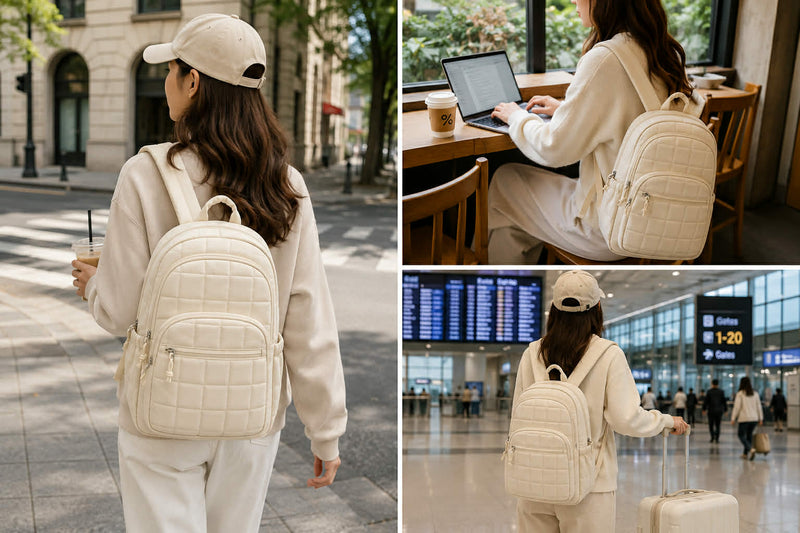 Off white quilted backpack featured in travel, work, and everyday lifestyle settings, ideal for commuting, studying, and casual outings.
