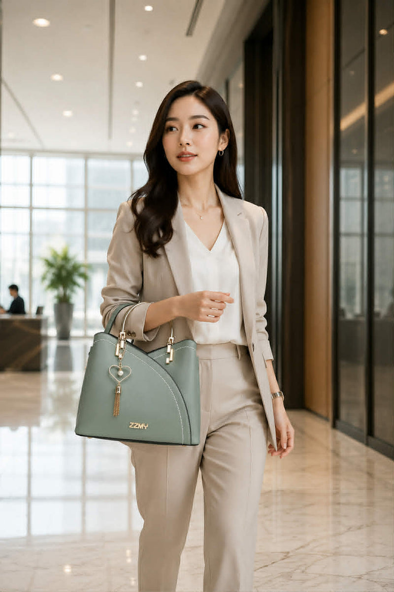 Elegant professional woman carrying a sage green structured handbag with gold metal handles and heart tassel charm while walking through a luxury shopping district, wearing a sophisticated business casual outfit in natural daylight.
