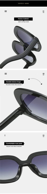 Close-up details of oversized oval sunglasses showing lightweight frame construction, durable hinges, and comfortable nose bridge design.
