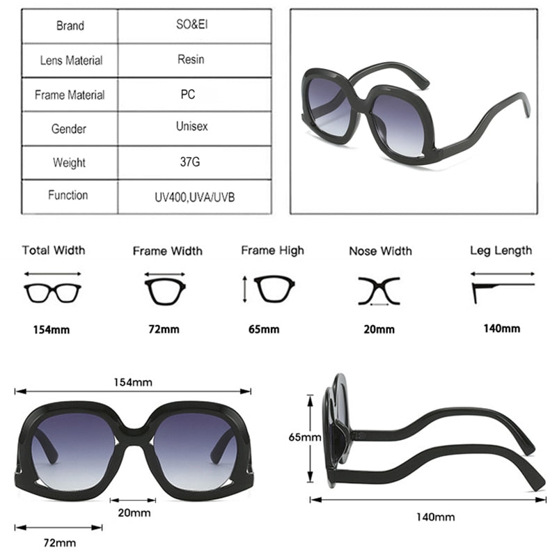 Oval sunglasses size guide showing frame dimensions, lens measurements, UV400 protection, frame material, and product specifications.
