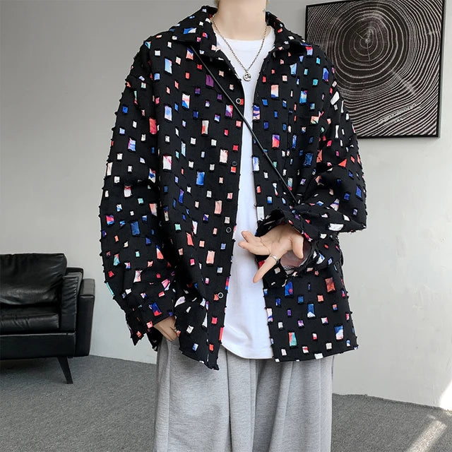 oversized plaid shirt for men featuring a colorful design, styled in a relaxed fit for a modern streetwear look.