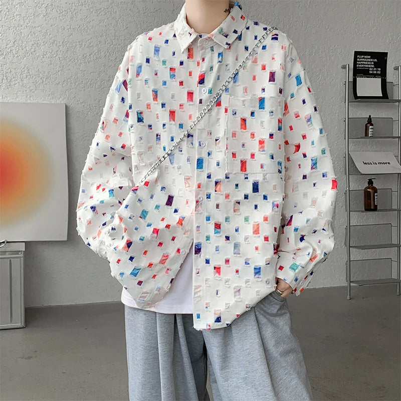Oversized plaid shirt for men featuring a colorful abstract design, ideal for streetwear and casual styles.