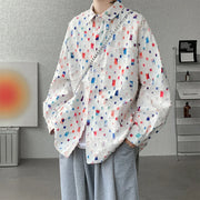 oversized plaid shirt for men, featuring a colorful design, relaxed fit, and breathable fabric, perfect for modern streetwear style.