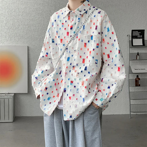 oversized plaid shirt for men, featuring a colorful design, relaxed fit, and breathable fabric, perfect for modern streetwear style.
