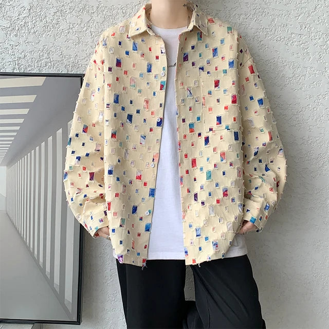 oversized plaid shirt for men in beige with colorful accents, styled casually over a white tee