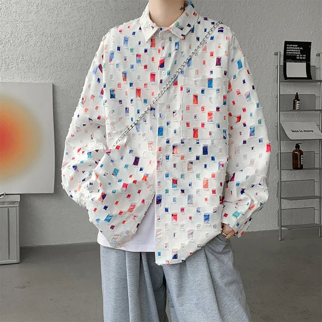oversized plaid shirt for men featuring a colorful checkered pattern, relaxed fit, perfect for casual wear.