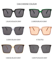 Oversized square sunglasses for women available in black green gray champagne beige and white colors

